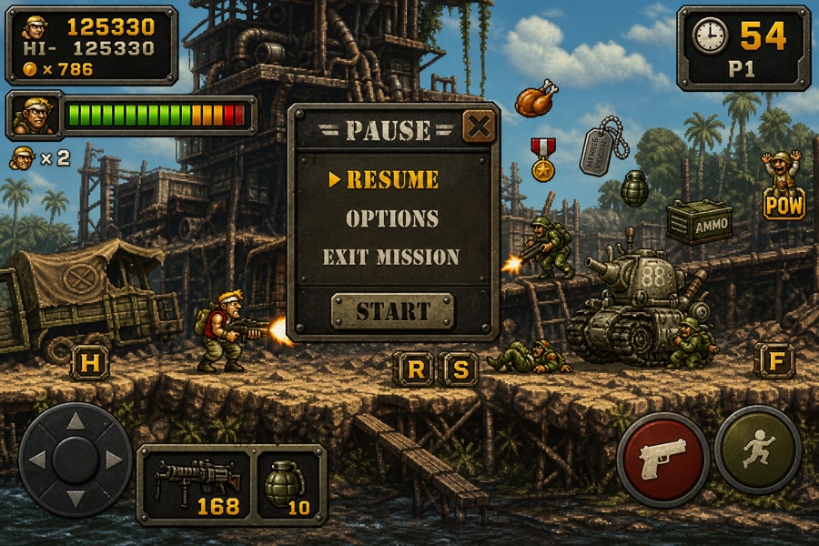 Arcade run-and-gun HUD mockup